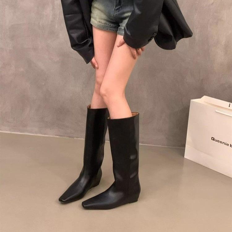 

Ruodan! Pointed brown Maillard mid-tube knight boots women s shoes 2025 new spring and autumn winter boots 40 чёрный