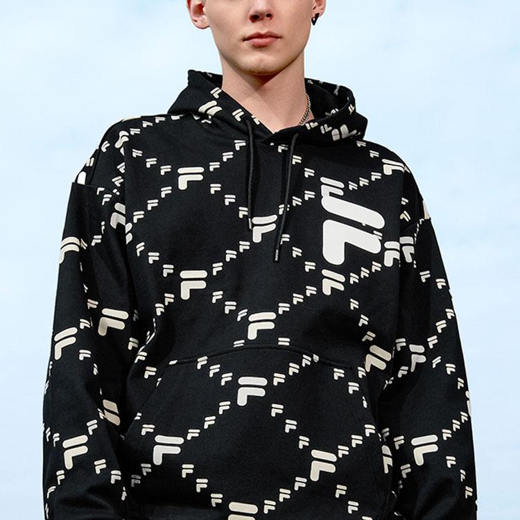 Fila Fusion Tokyo Studio Sports Lifestyle Series All Over Logo Print Pullover Hoodie Unisex hoodies Deep-Black T11U216205FBK
