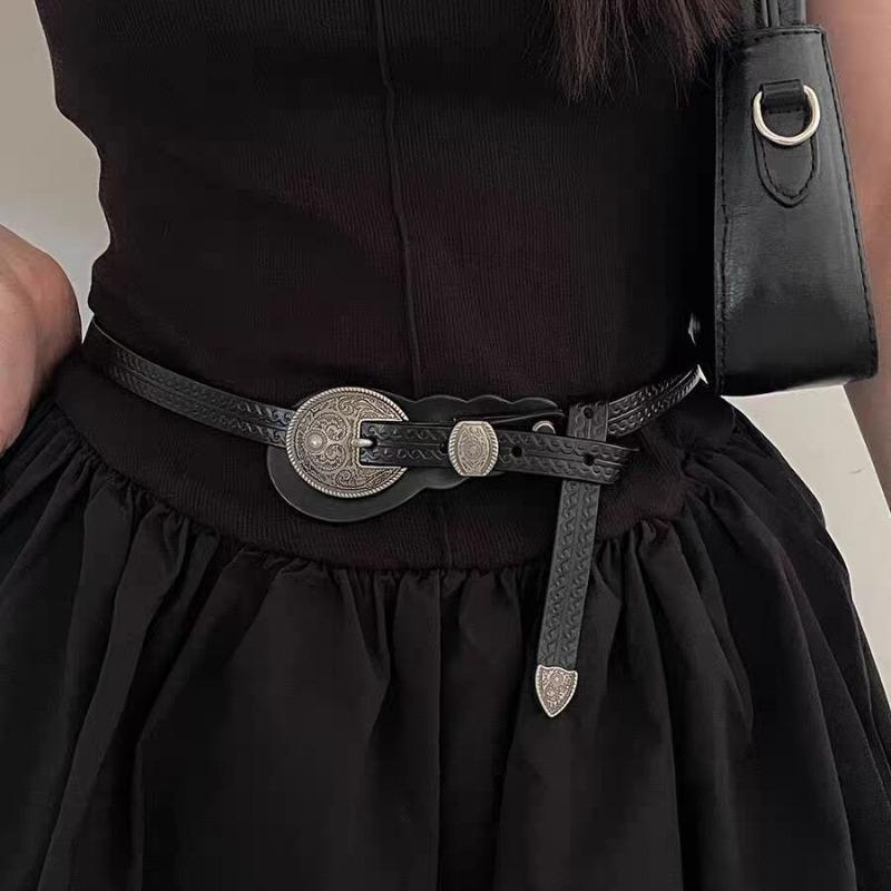 Simple and Versatile Cowhide Leather Narrow Belt, Women's Skirt Knotted Thin Belt, Women's Fashion European and American Black Belt
