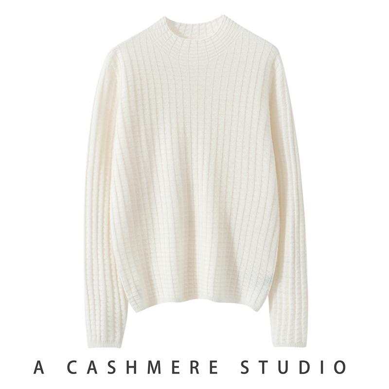 Women's Slimming Cashmere Plaid Pullover – Half-High Neck Knit Sweater