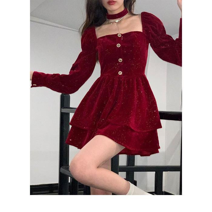 

Sequined velvet dress women s autumn new high-end waist long-sleeved tutu skirt birthday dress Christmas skirt 2XL бордовий