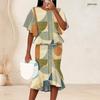 Women Plus Size Geometric Printed Two Piece Set Round Neck Batwing Sleeve Ruffle Hem Top Fishtail Skirt