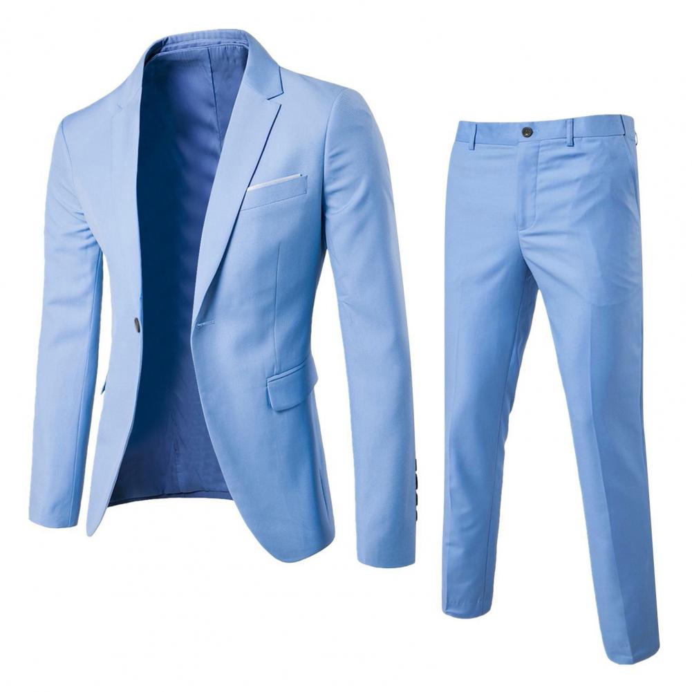 2Pcs/Set Men Slim Fit Suit Set Lapel Long Sleeve Single Button Suit Coat Mid-rise Long Pants Set Solid Color Business Outfit