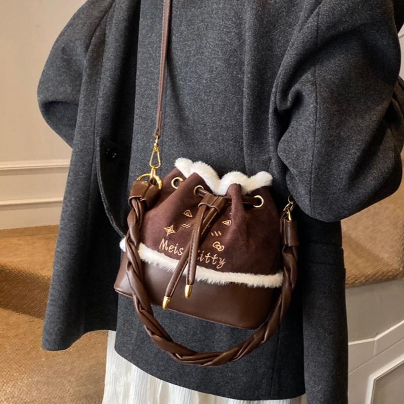 Letter Suede Bucket Bag for Women Autumn Winter New Lamb Wool Crossbody Bags Solid Color Versatile Mini Shoulder Pack