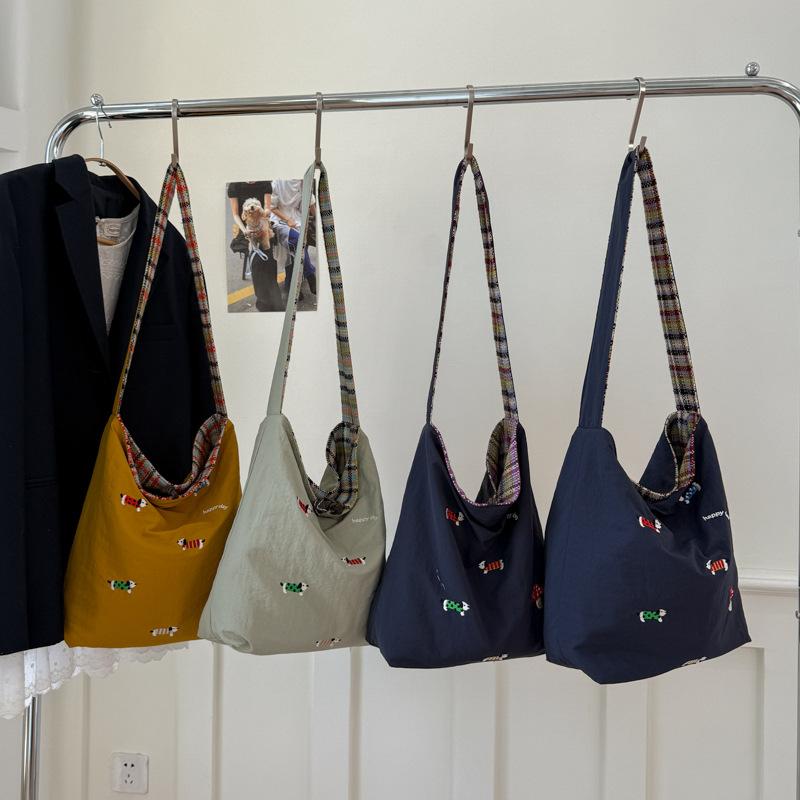 Bolsas de Ombro Xadrez Dupla Face Vintage para Mulheres Bolsa Transversal Grande Capacidade para Senhoras Bordado Carto Tote Casual para Meninas