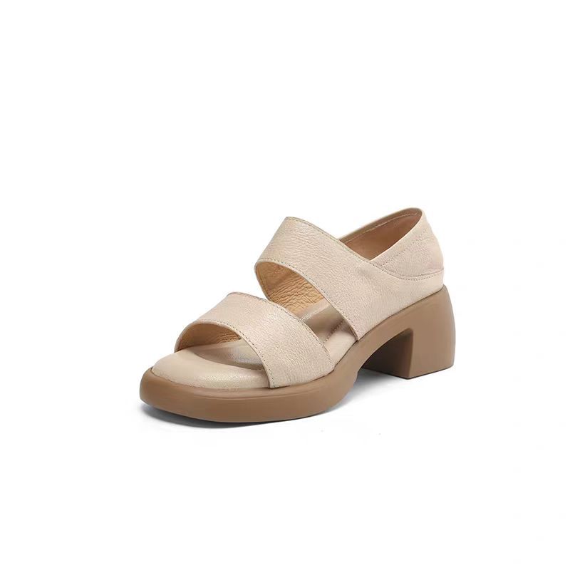 Women's Retro Thick Soled Thick Heel One Line Cool Slippers for Summer, Women's New Open Toed Soft Leather Middle Heel Fish Mouth Sandals