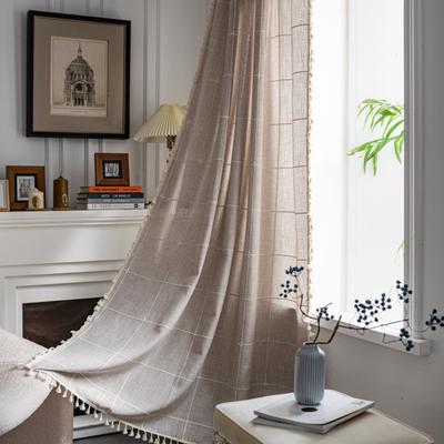 Woven Jacquard Checkered Curtains With Tassels No-Drill Kitchen Short Curtain Grey Nordic Style