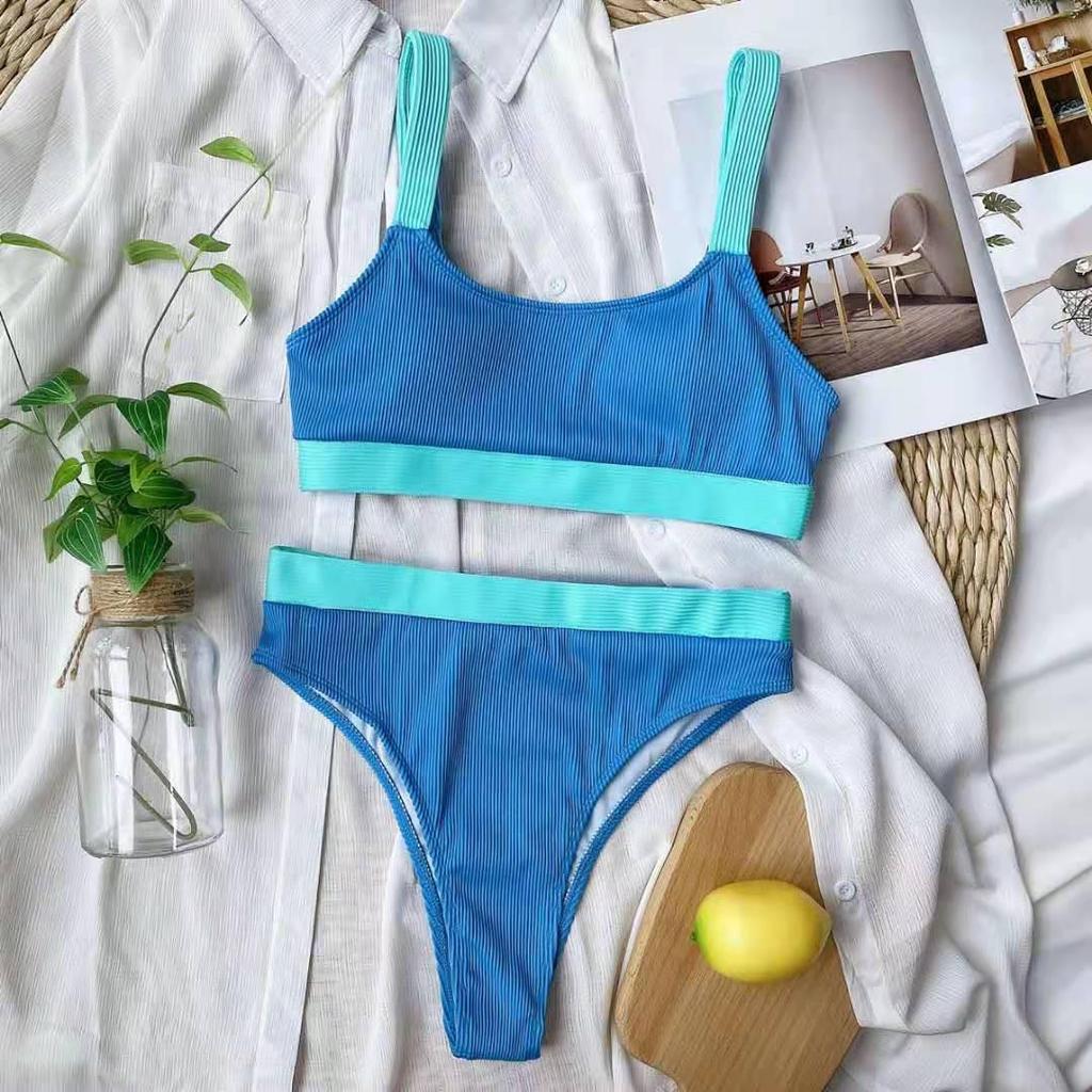 European and American Style High-Waisted Solid Color Bikini Swimsuit for Women