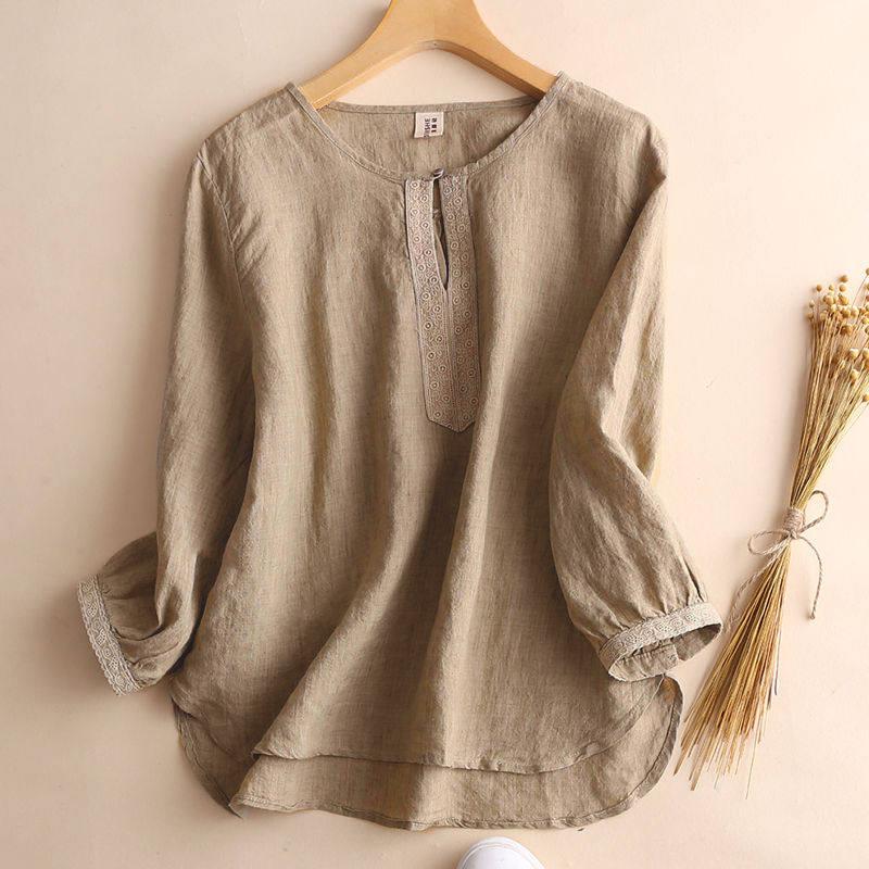 

Artistic Retro Loose Casual Cotton-Linen Women s Mid/Short Sleeve Plus Size Top for Spring/Summer 3XL