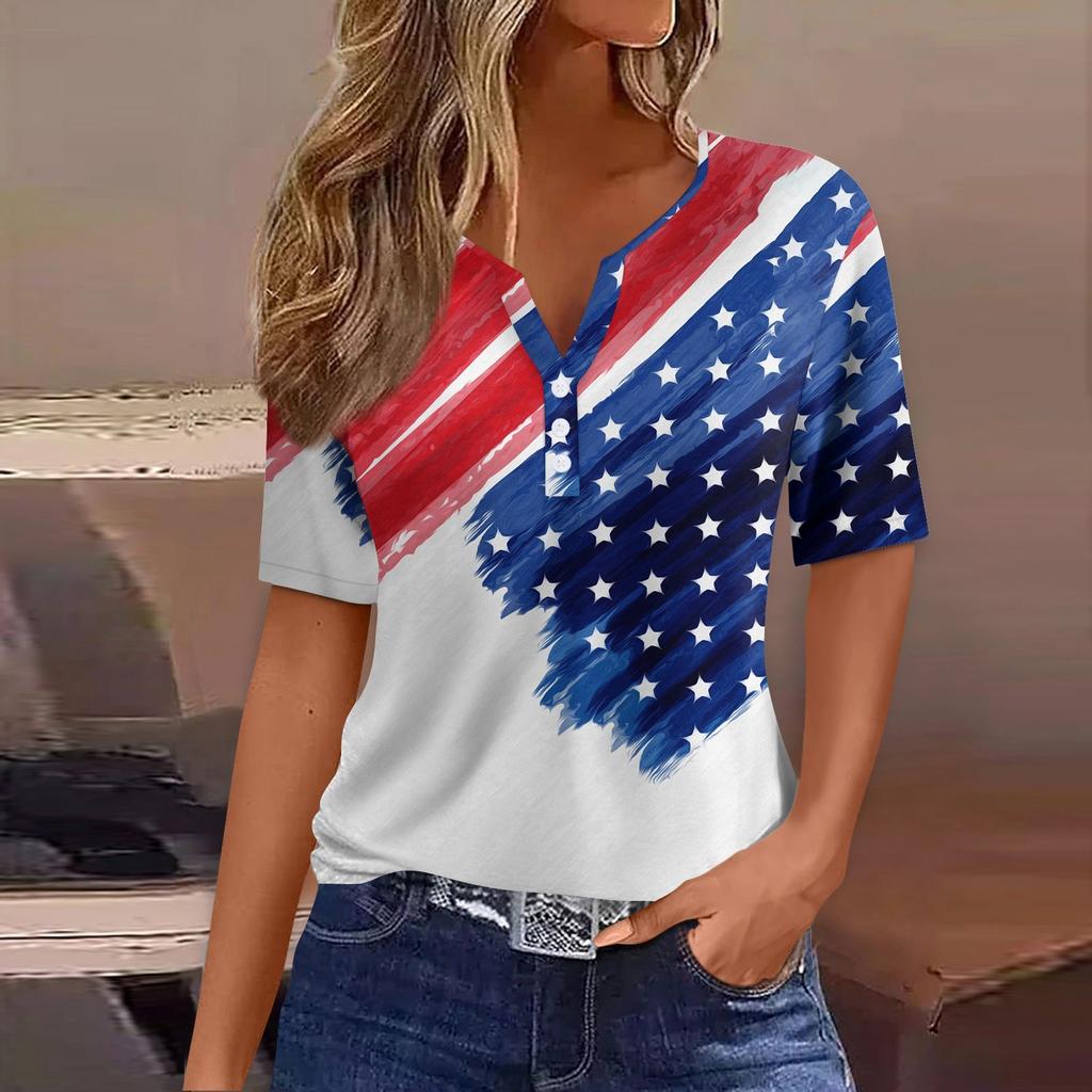 Women's T Shirt Tee Print Button Short Sleeve Daily Weekend Fashion Basic V- Neck Regular Top