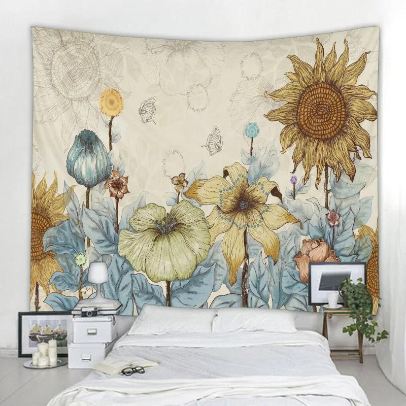 

Ретро картина маслом Подсолнух Узор Гобелен Офис Гостиная Гобелен Украшение стены Дома Гобелен 100x75cm