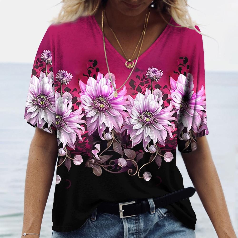 V-neck Women's Short Sleeve Summer Outdoor Casual T-shirt Tops Flower Printed Patterns Fashion