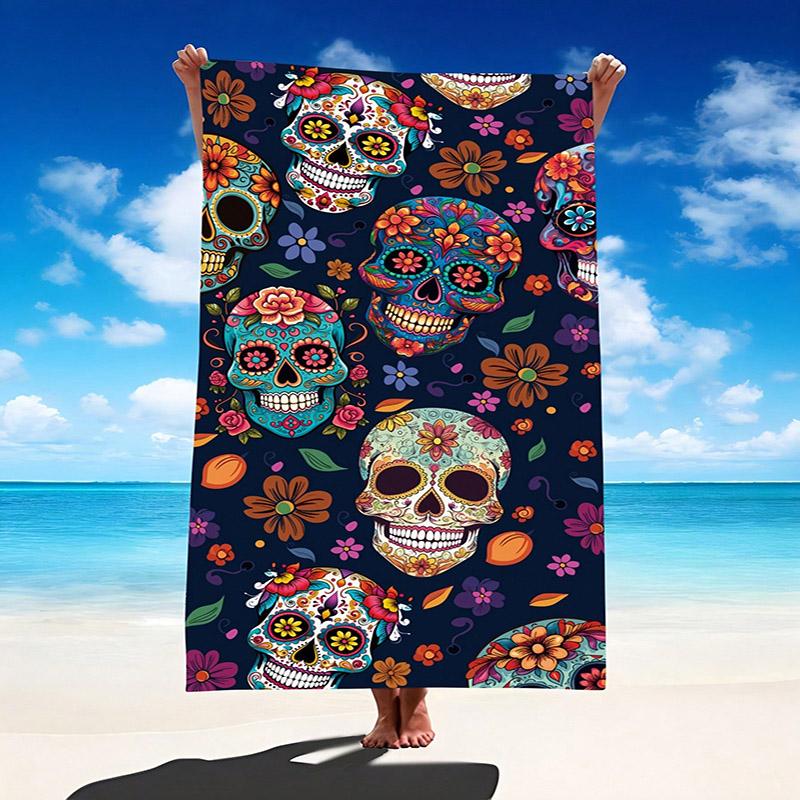 Buntes Zuckerschädel-Strandtuch Design Gemustert Sonnenschutz Und Winddicht Geeignet Für Schwimmbad Camping Reise Decke