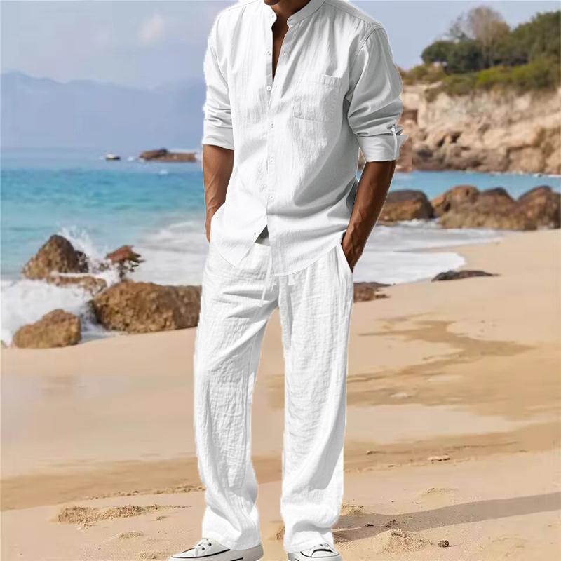 Four Seasons Linen Men's Casual Relaxed Breathable Long Sleeve Pants Shirt Beach Suit