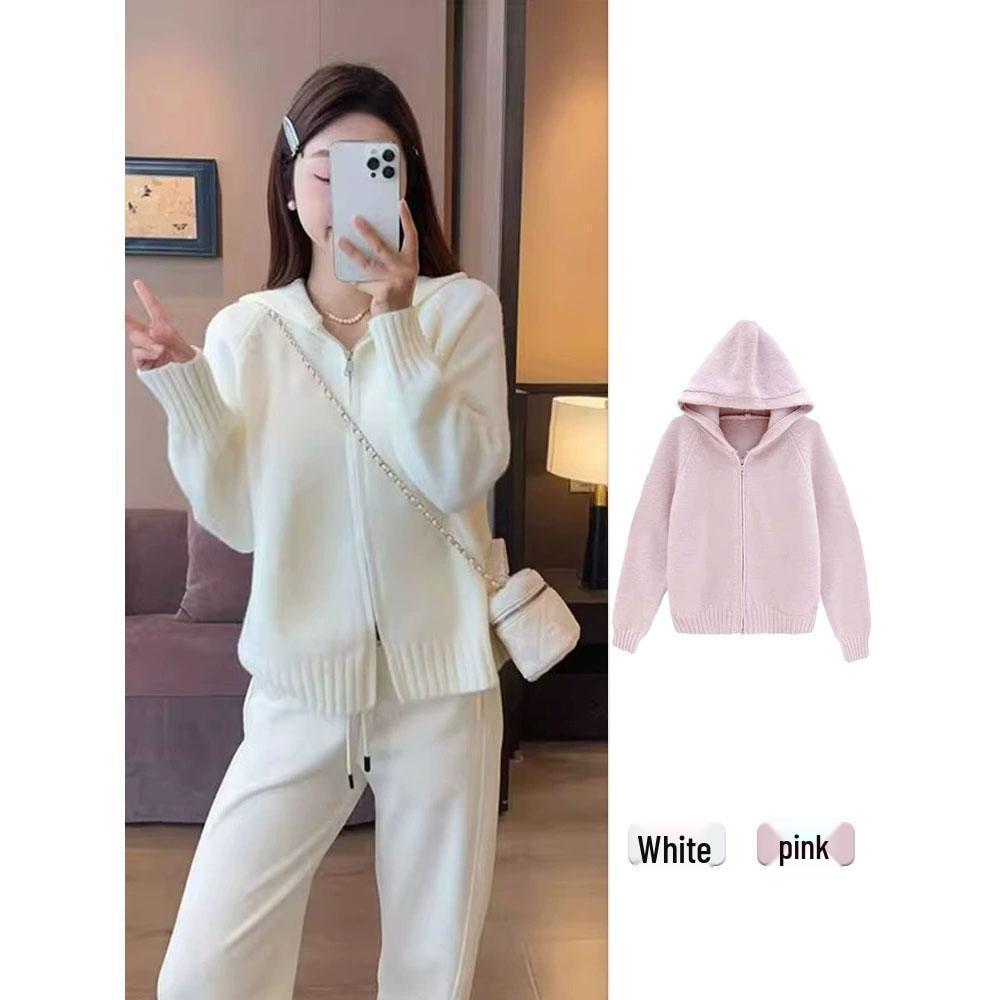 

Women s Hooded Cardigan Sweater - New Autumn/Winter 2025 Knitwear, White 4XL (180-200 lbs) белый