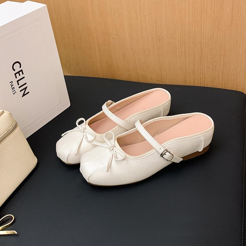 

5cm inner height increase~ silver bow ballet shoes for women s summer wear with half slippers French Muller half drag 39