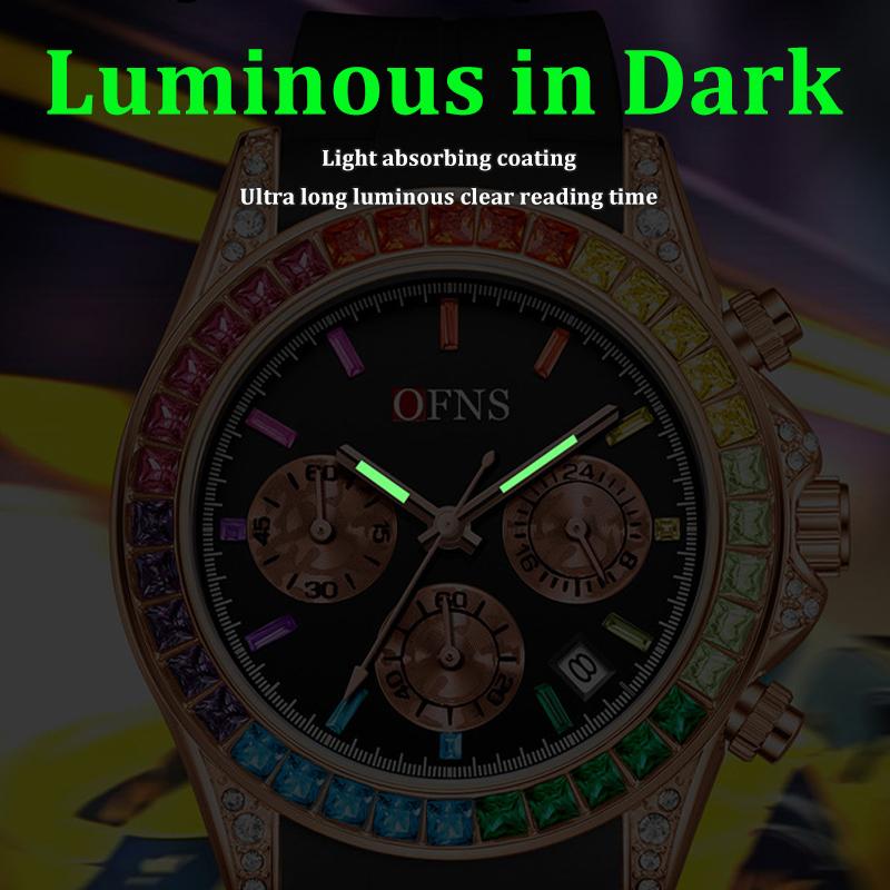 Quartz Luxury Mens Round Imitation Color Diamond Watches Movement Waterproof Men Wristwatches Week Display Male Clock