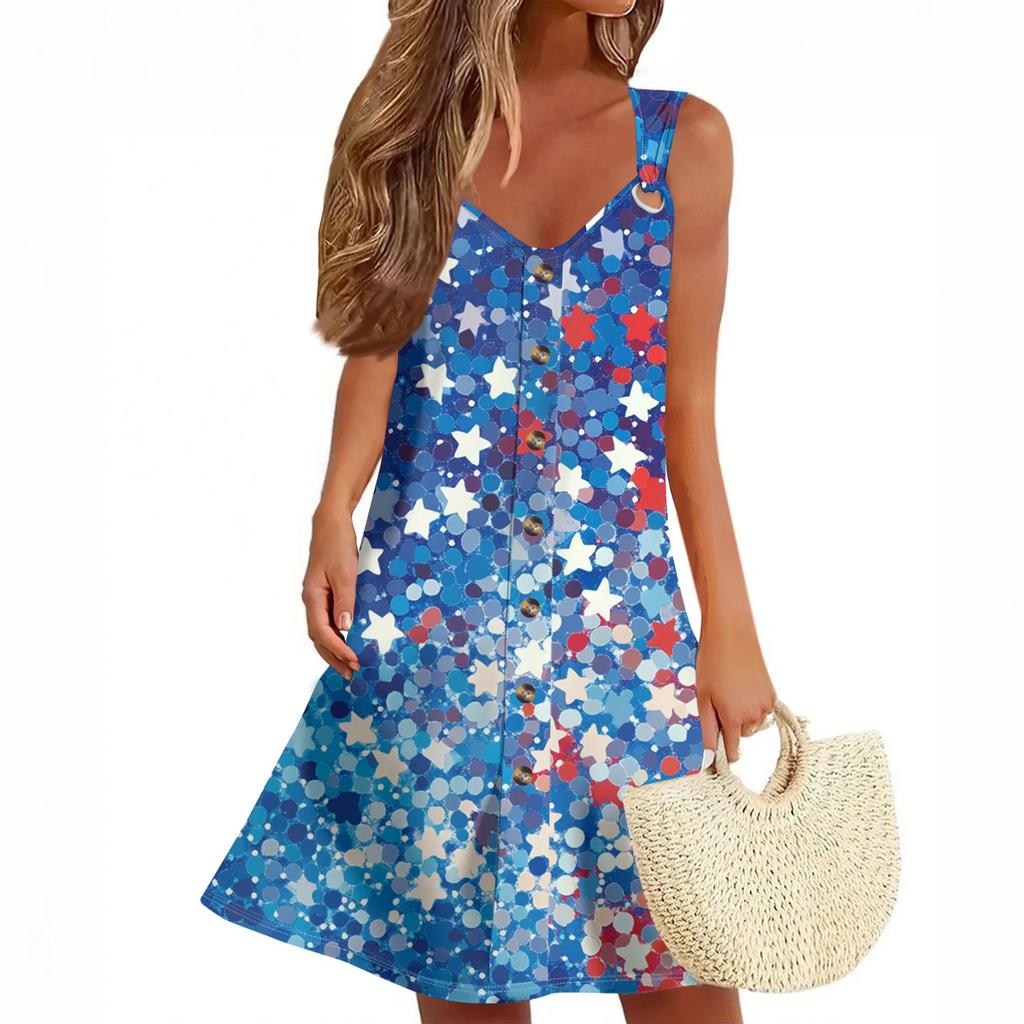 Women's Summer Dress Sleeveless Independence Day Print Sundress With Pocket
