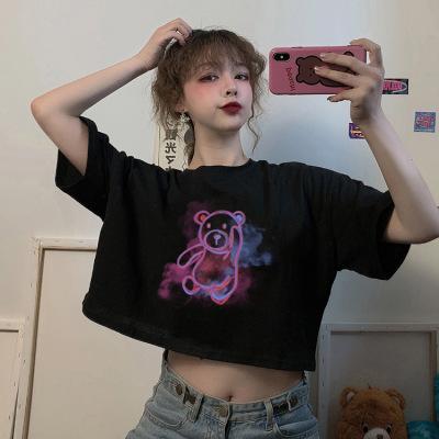 Summer Korean Version of the New Loose Short Fun Bear Print Playful Navel Short-sleeved T-shirt Top Women Ins
