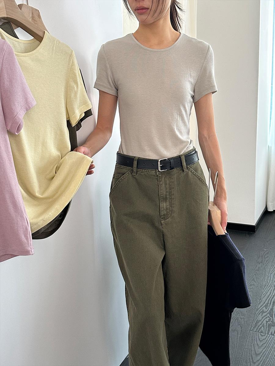 Shi Jian Women s 2026 Spring Slim Fit Tencel Wool Blend Short Sleeve T-Shirt F светло-серый