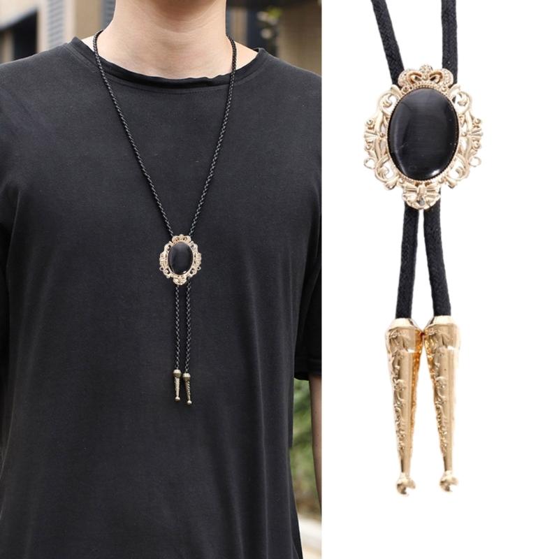 Handmade Vintage Bolo Tie Western Cowboy Leather Rope Wedding Necktie with Metal Flower Crown Stone Jewelry Necklace