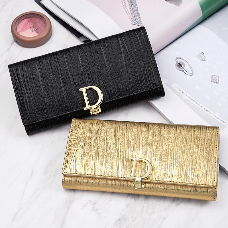 Women Long Wallet Genuine Leather Purse Striped Bifold Cowhide Money Bag Wrist Clutch