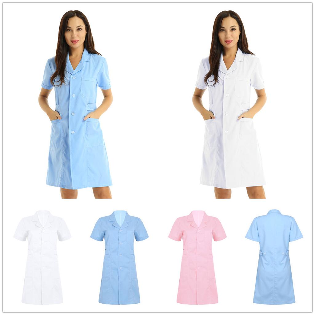 Short Sleeve Button Front Scrub Dress Women Adults S-XXL - Lapel Collar Solid Color Hospital Nurse Lab Coat Uniform