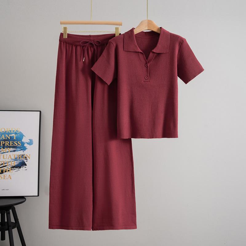 Modny sweter z kołnierzykiem polo, dodający temperamentu, dwuczęściowy zestaw dla kobiet, lato 2025, zestaw szerokich spodni