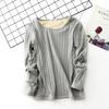 Thick Plus-Size Velvet-Lined Long-Sleeve Ribbed Cotton T-Shirt - Korean Style