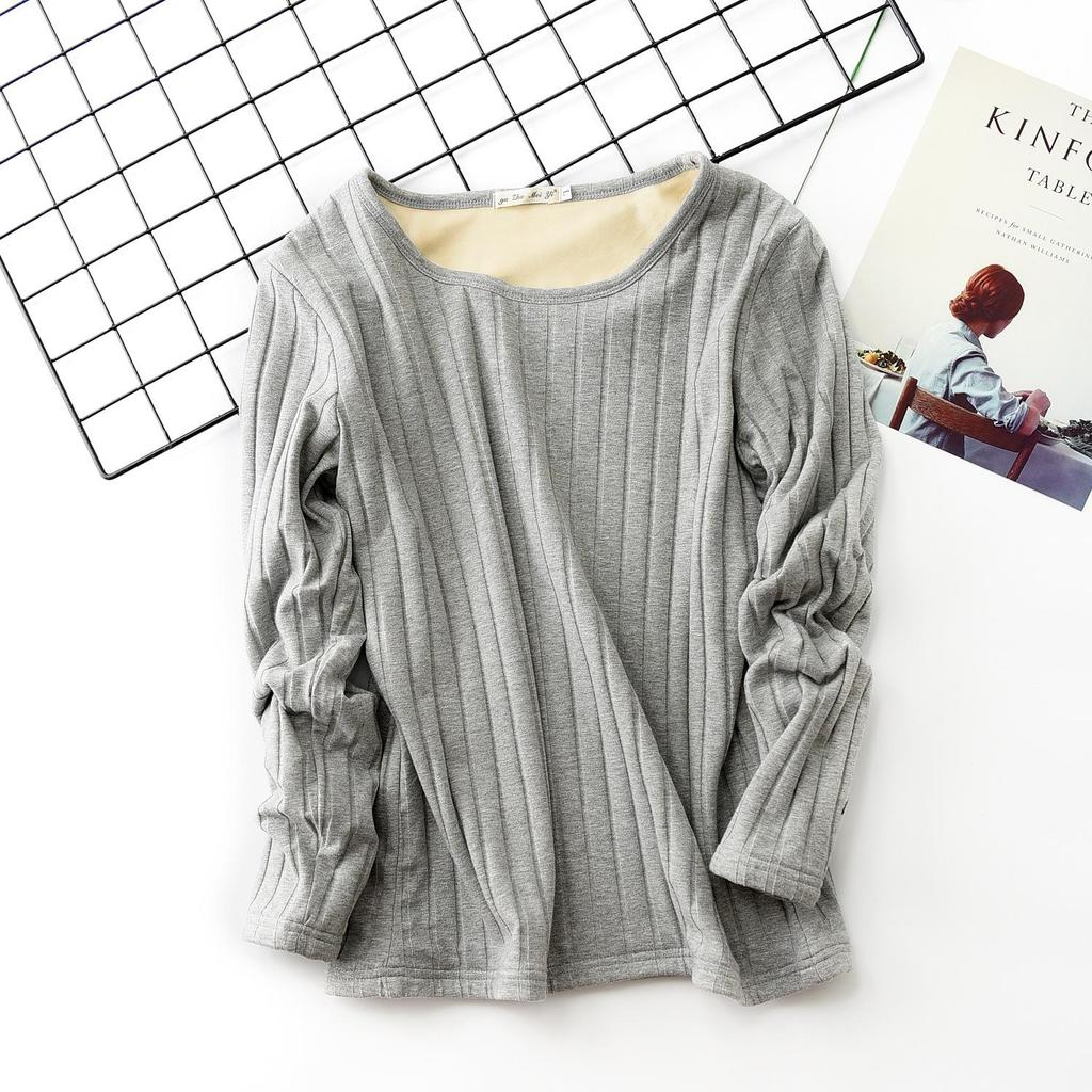 Thick Plus-Size Velvet-Lined Long-Sleeve Ribbed Cotton T-Shirt - Korean Style