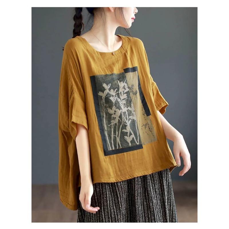 Linen T Shirt Women Art Vintage Print Loose Fashion Casual Short Sleeve Oversized Blouse Summer Trend Thin