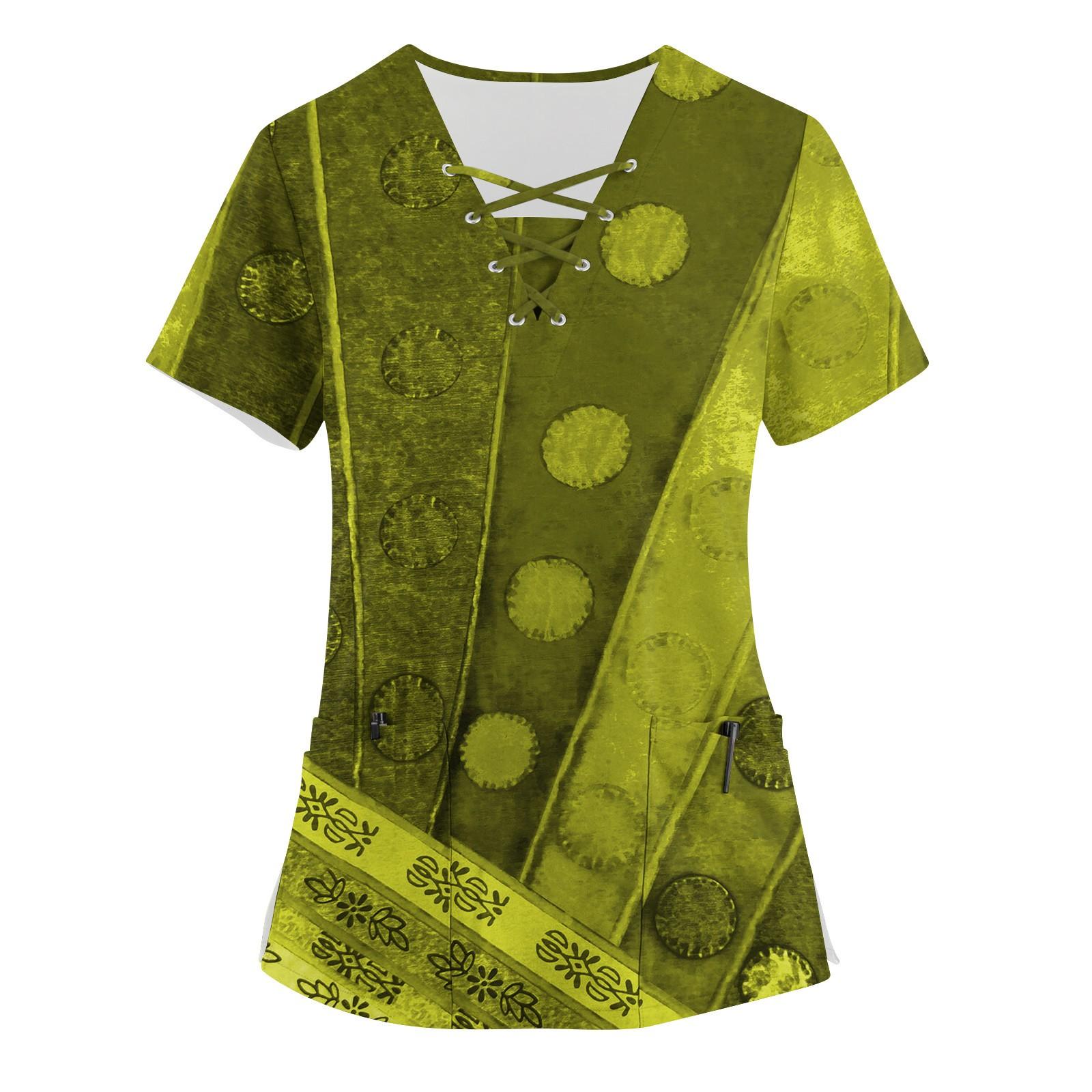 

Plus Size Printed Scrub Working Uniform Tops For Women s Cross V-Neck Retro Print Short Sleeve Fun T-Shirts Workwear Tee With Pockets XL жовтий