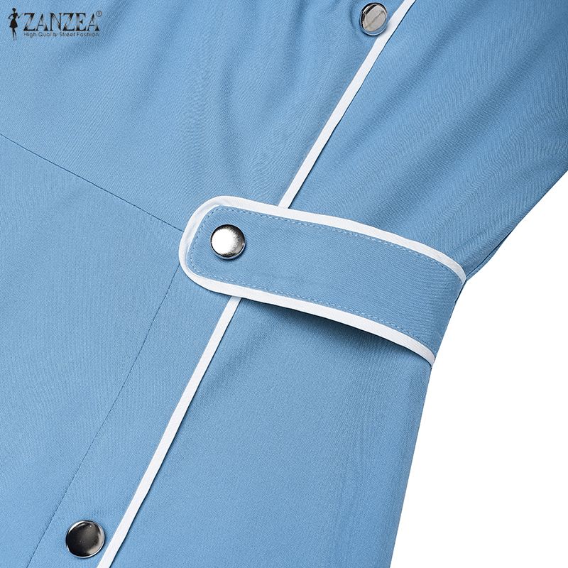 ZANZEA Women Casual Round Neck Splice 3/4 Sleeve Elegant Dress