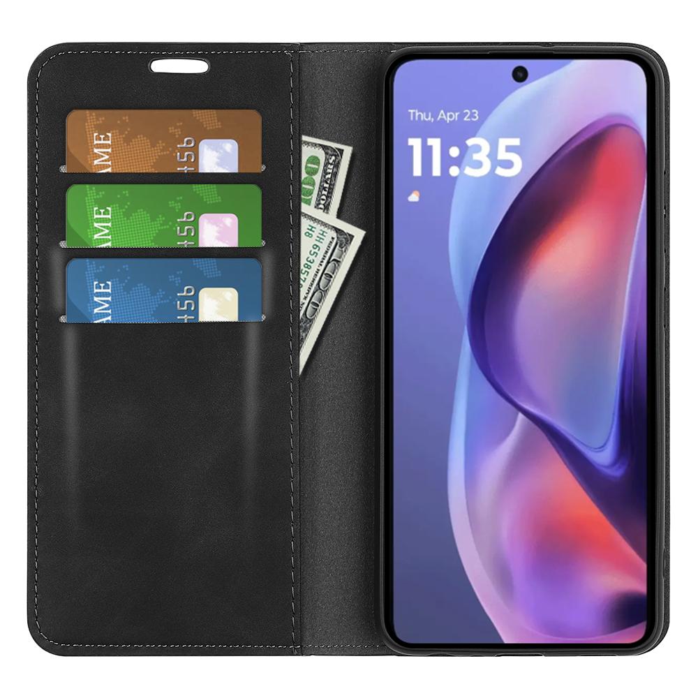 

For Motorola Moto E15 4G Case Skin Touch Leather Wallet Phone Cover Black