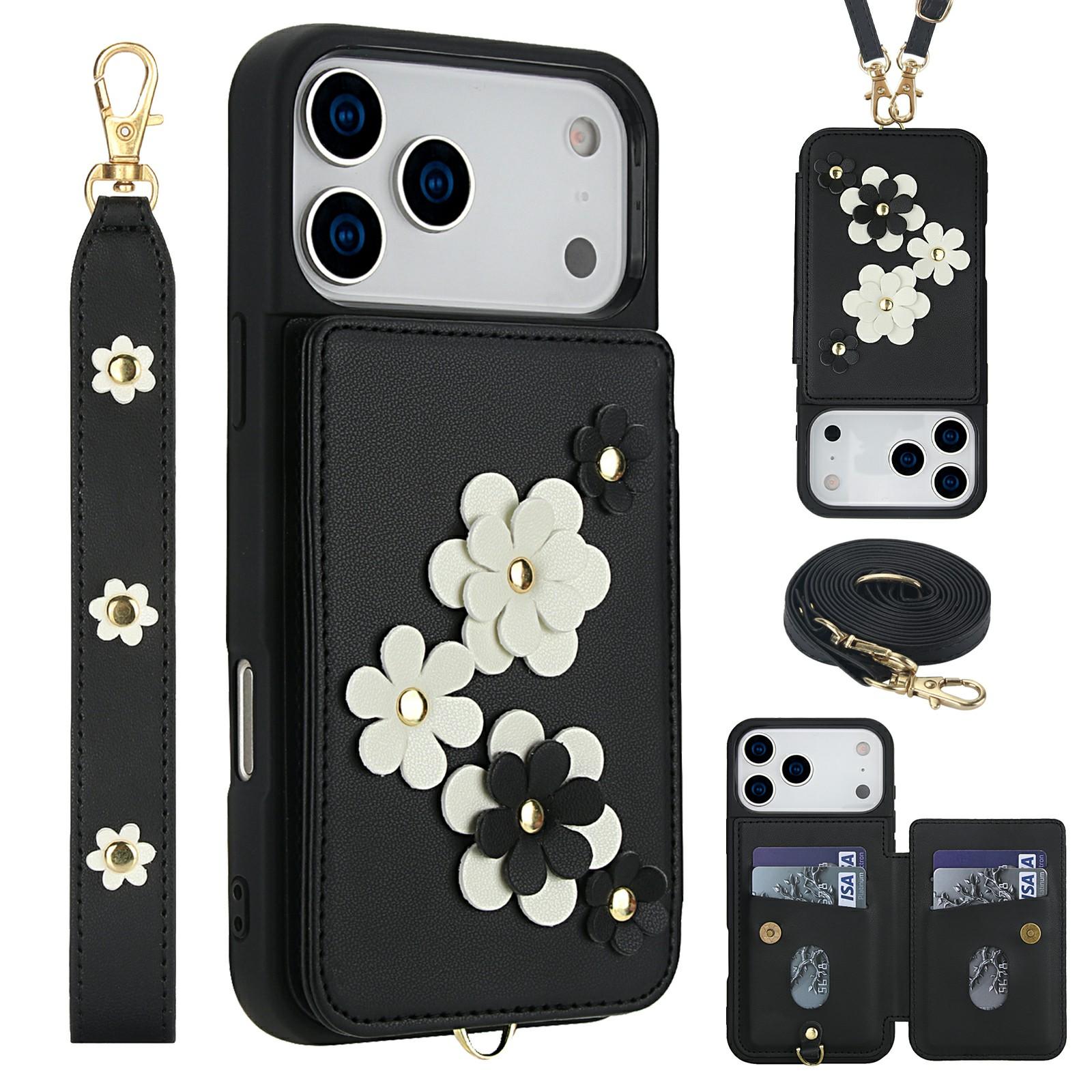 

For iPhone 17 Pro Case Card Slots Leather Coated TPU Flower Phone Cover with 2 Straps B