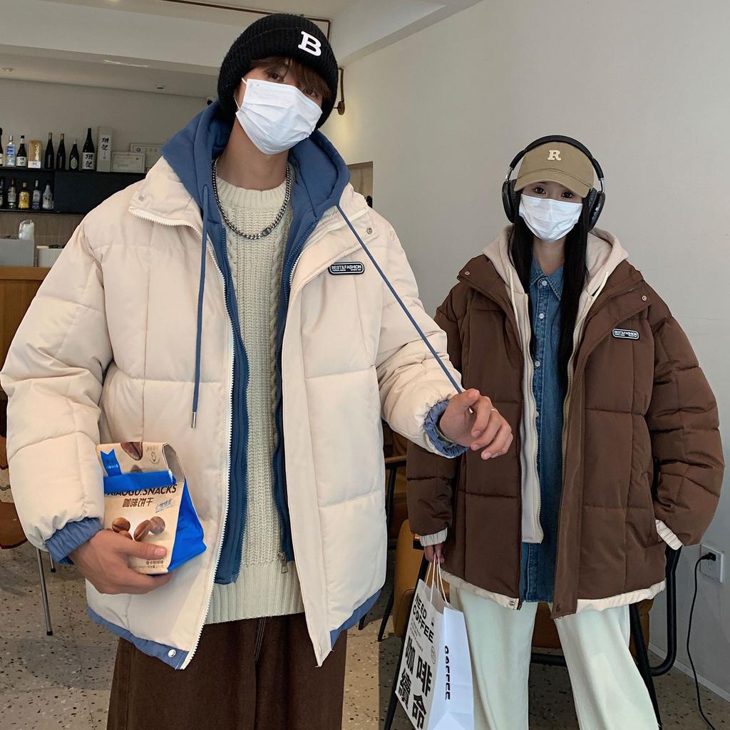 Down cotton jacket women's 2025 Korean version of winter new couple student fake two-piece hooded loose cotton jacket thickened jacket