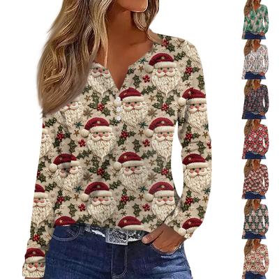 Damenmode Lässiges V-Ausschnitt Knopfleiste Langarm T-Shirt mit Weihnachtsdruck Top