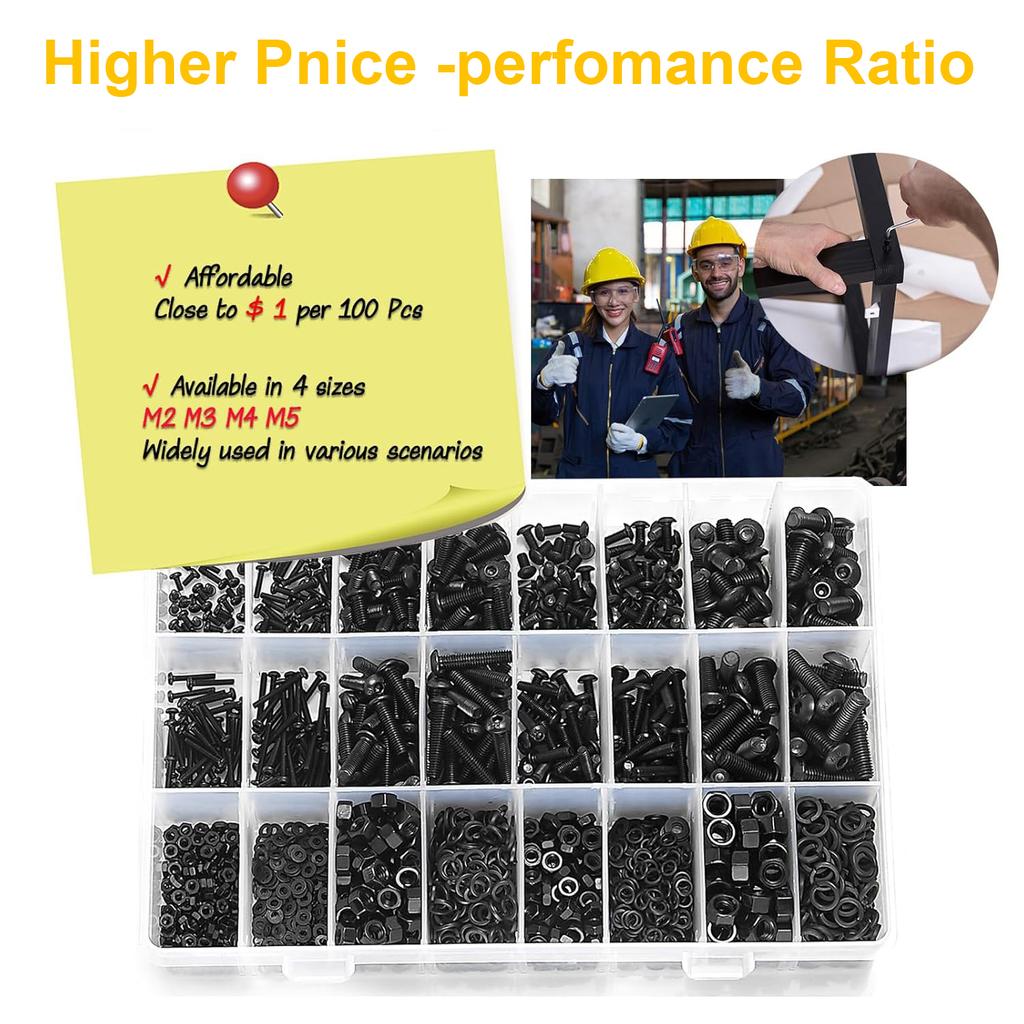 2000 Black Round Head Hexagon Socket Screws, Washer Nut Combination Kit