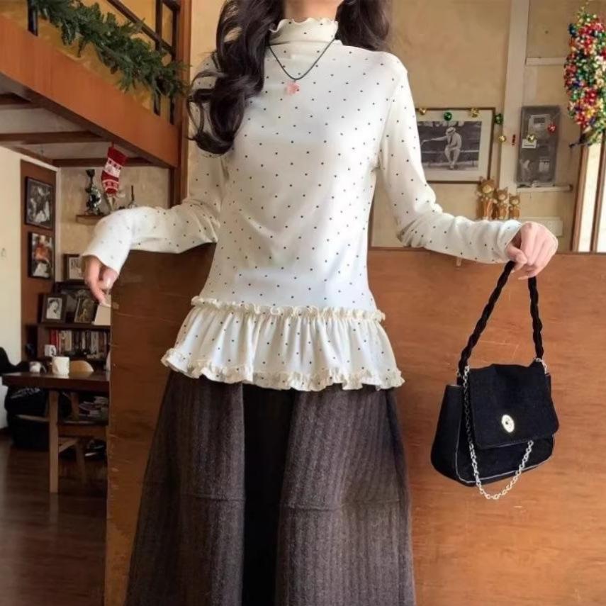 Korean Sweet Slimming Polka Dot Ruffle Top: Women's Long-Sleeve, Half-High Collar, Spring Collection.