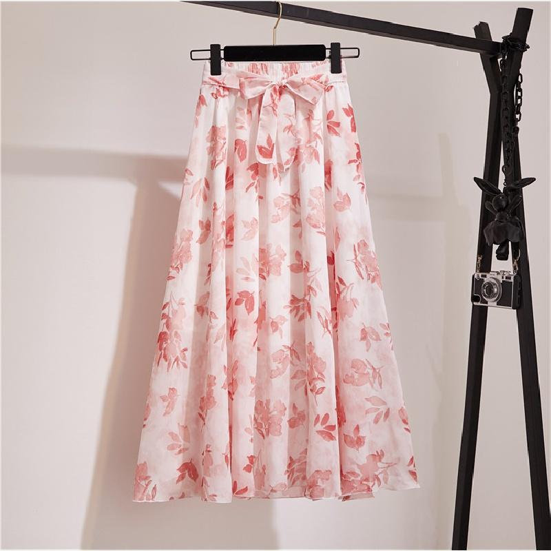Spring and Summer New Bohemian Chiffon Skirt Mid-Length High Waist Fairy Floral Large Swing Skirt Beach Skirt