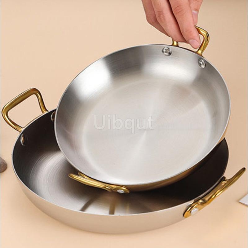 Stainless Steel Spanish Paella Pan Big Double Handle Round Flat Bottom Pan Western Restaurant Fried Chicken Pasta Plate Cookware