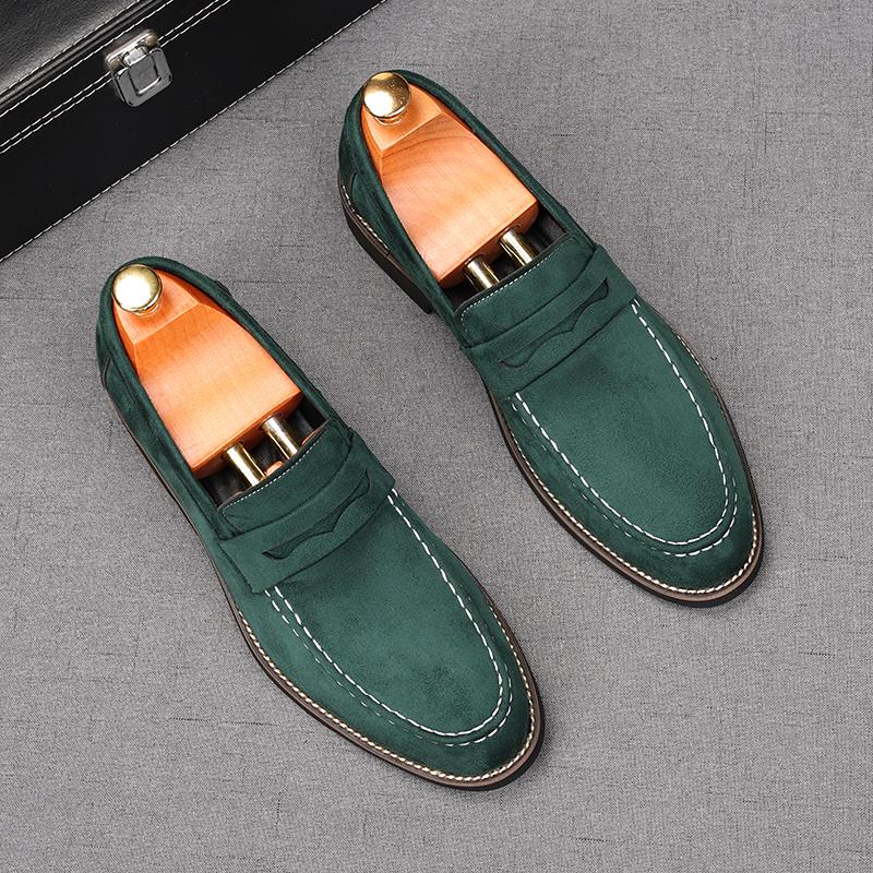 New Men's Pointed Slip On Suede Leather Business Flats Shoes Male Designer Penny Loafers Homecoming Wedding Dress Footwear