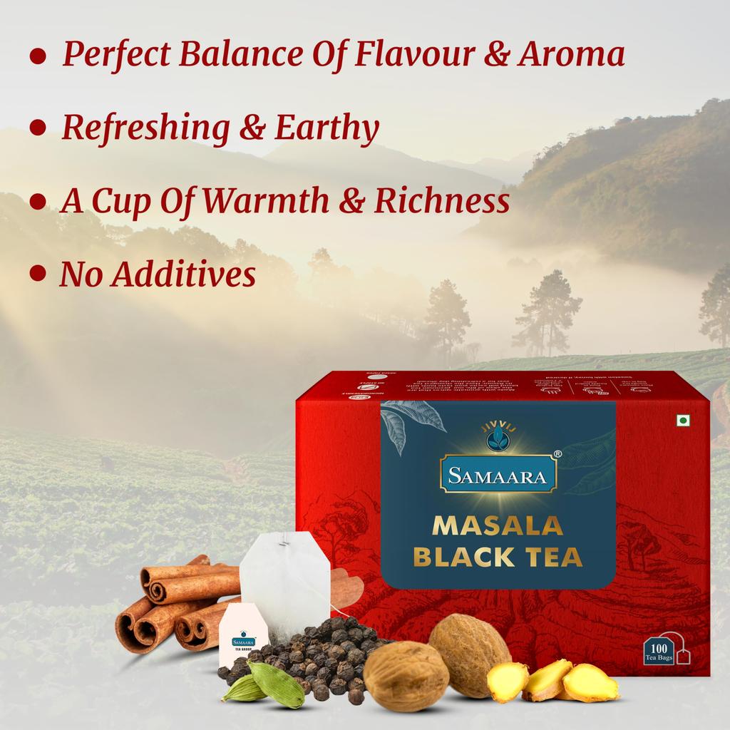 Samaara Masala 100 Teebeutel | Aromatisierter CTC Assam Schwarzblatt-Tee | Chai Patti Pulver | 200g Schachtel