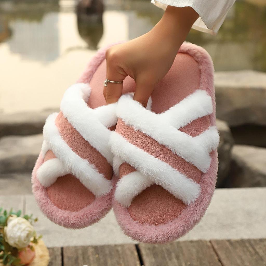 Women's Cross-Strap Patchwork Furry Slippers - Warm, Casual, and Thick-Soled for Spring and Autumn