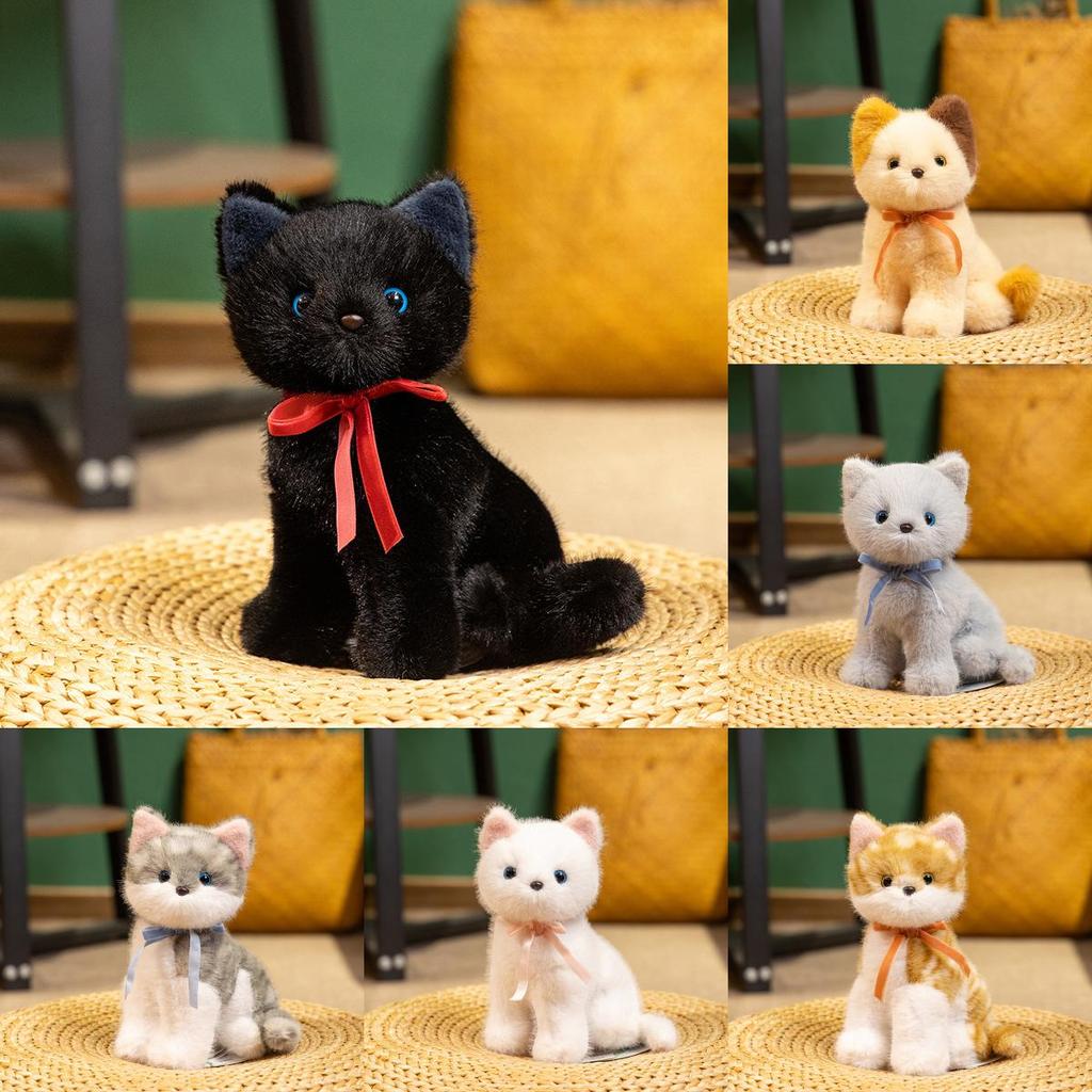 Cat Cuter Plush Doll With Squat Design And Bow Decor For Kids Gift Birthday
