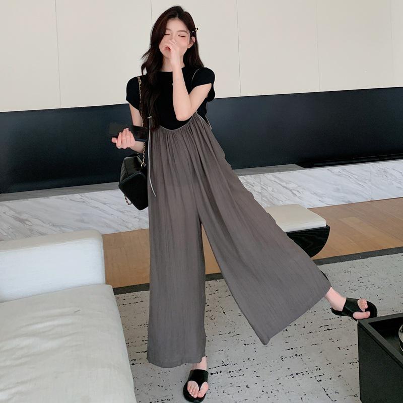 Summer 2026 Maternity Overalls Set: Wide-leg Zipper Overalls + Ice Silk Layer Top