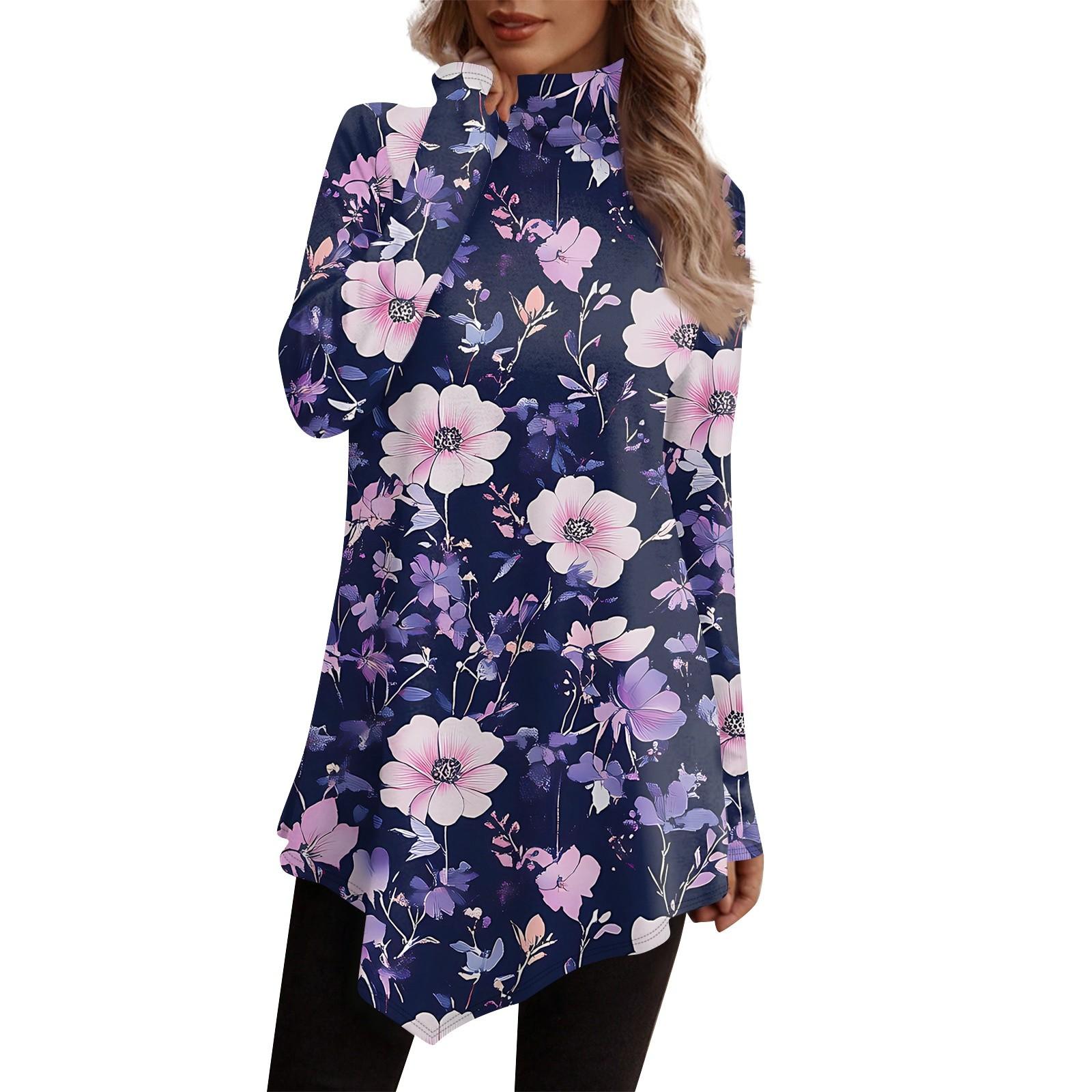 

Повседневная модная рубашка с принтом, топы с высоким воротом и нерегулярным подолом, пуловеры с длинными рукавами XXL