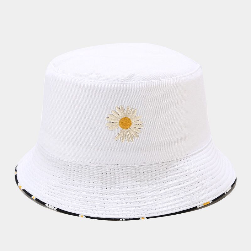 Zweiseitiger Fischerhut im koreanischen Stil mit Gänseblümchen-Print und kurzem Schirm für Frühling und Herbst