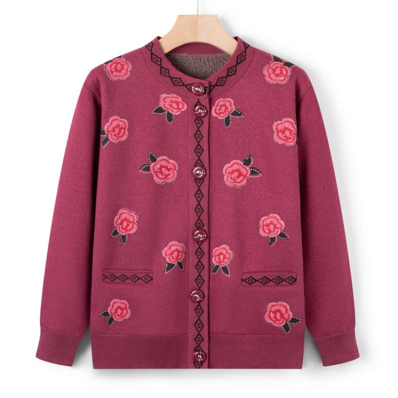 

Осенний новый бархатный утолщенный вязаный свитер для матери среднего возраста, кардиган для бабушки, принт, повседневная куртка 4XL (recommended 130-72.5kg)