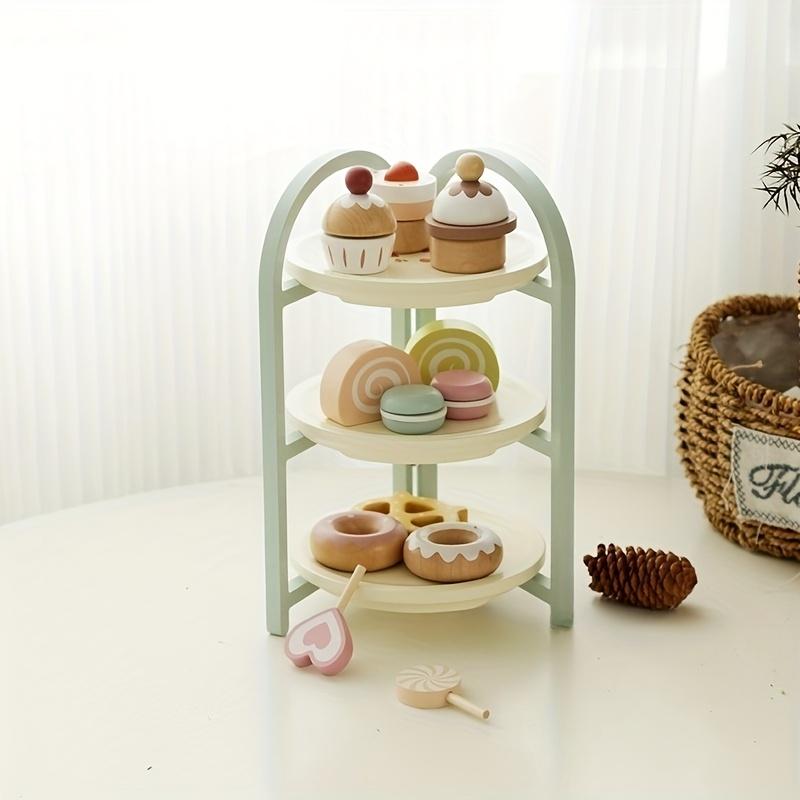 Wooden Three-Tier Dessert Stand Set Includes Wooden Pastries Donuts and Macarons - Children s Tea Party Role-Playing Toy